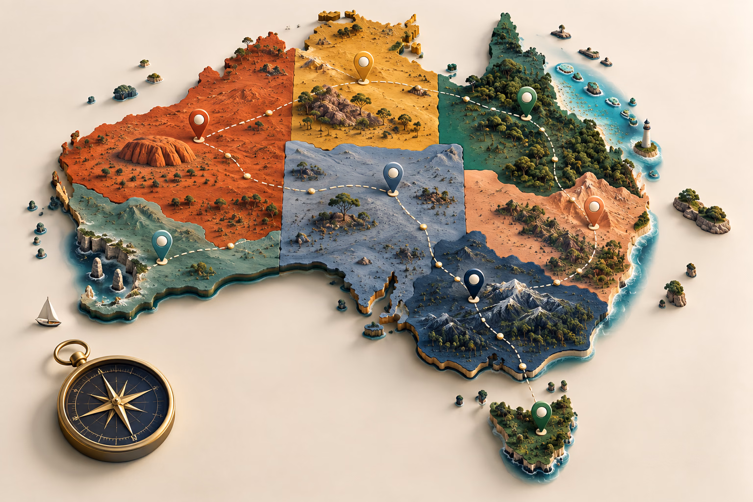 Three-dimensional illustrated map of Australia divided into regional guide areas with route pins