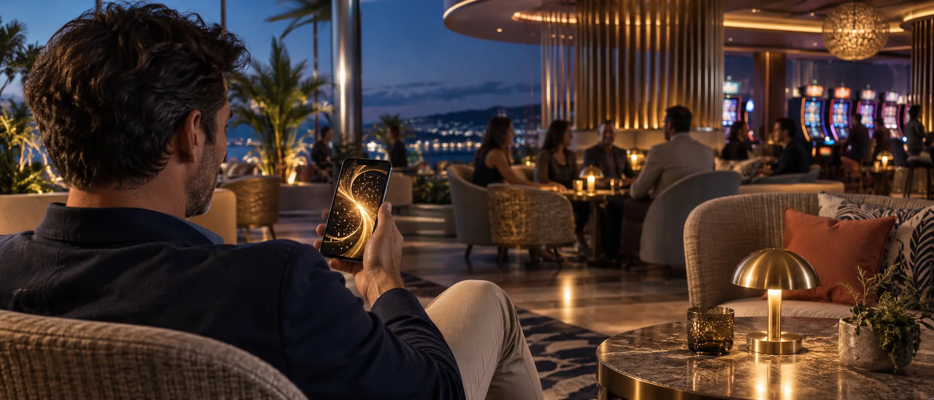 Conceptual fictional gaming lounge with an adult viewing abstract gold artwork on a phone