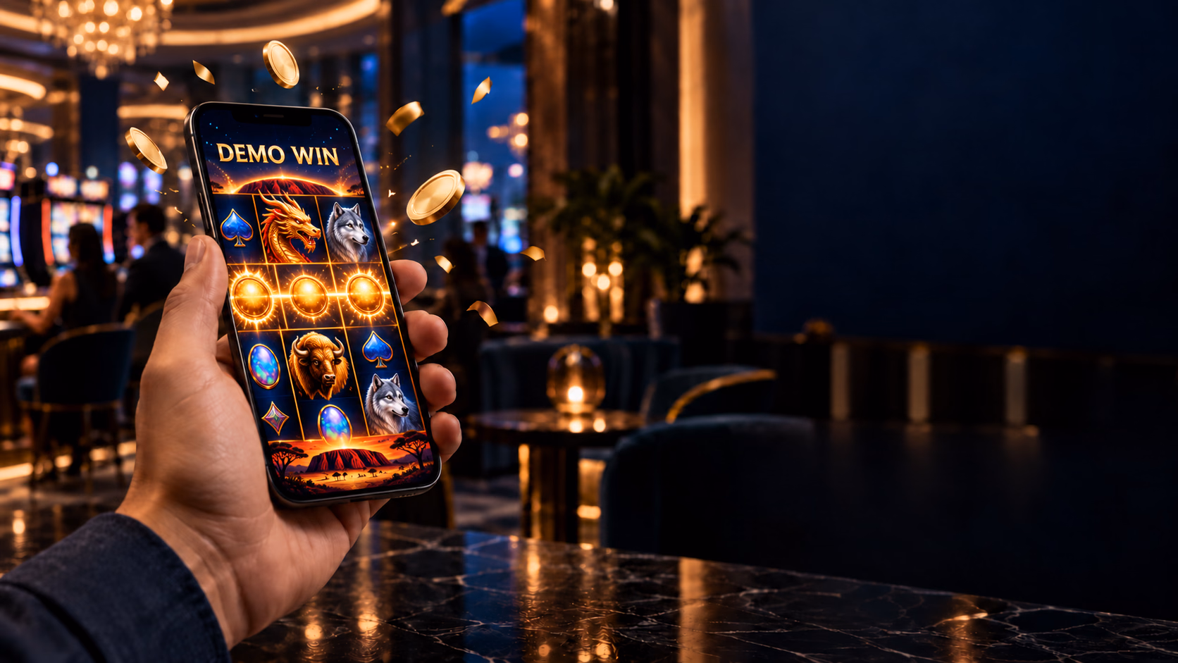 Conceptual artwork of an adult holding a phone with dragon, buffalo, wolf and golden-orb casino game themes