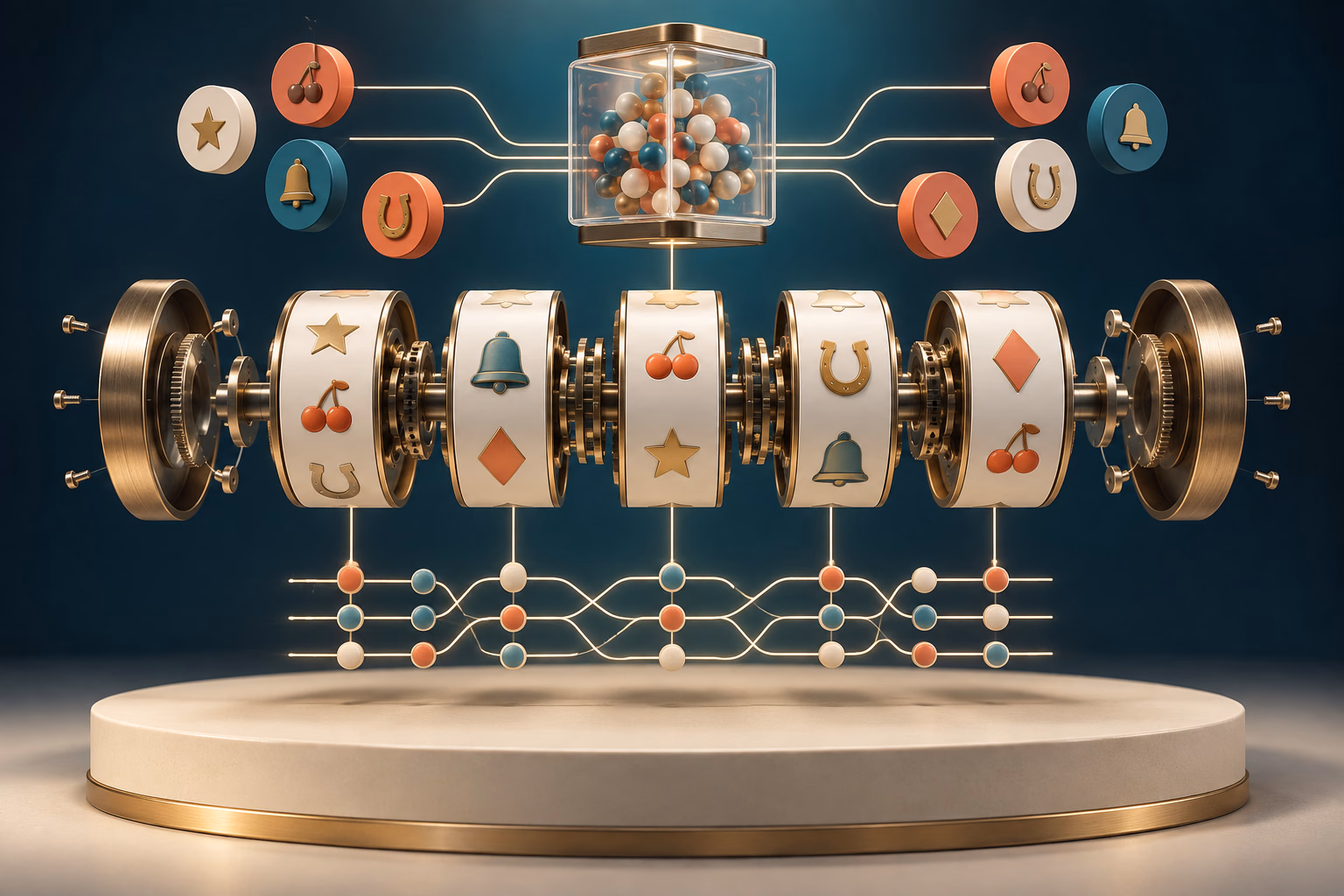 Three-dimensional exploded view of reels, random-number mechanics and abstract paylines