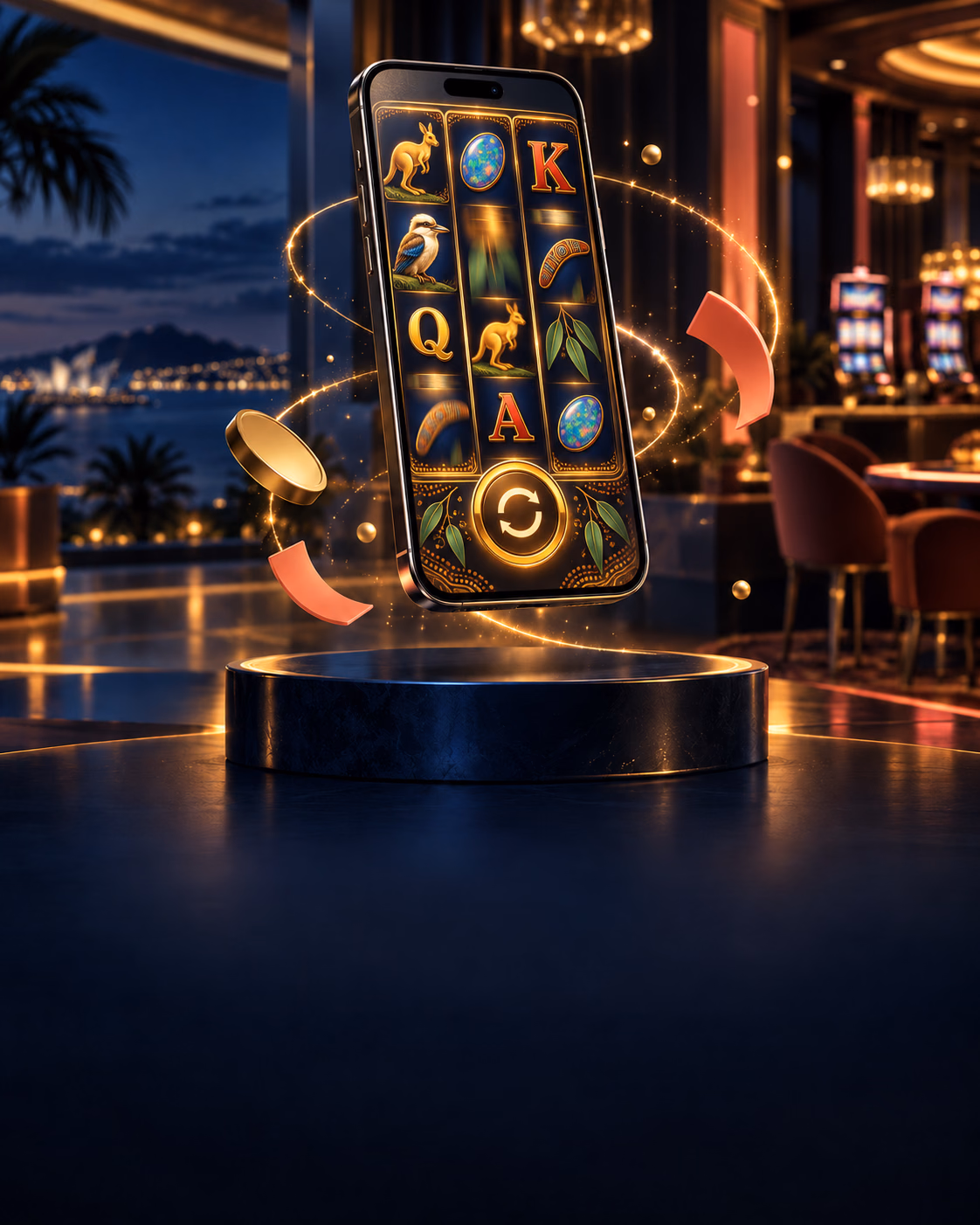 Conceptual phone showing a fictional Australian-themed pokies game with kangaroo, kookaburra, opal and eucalyptus symbols