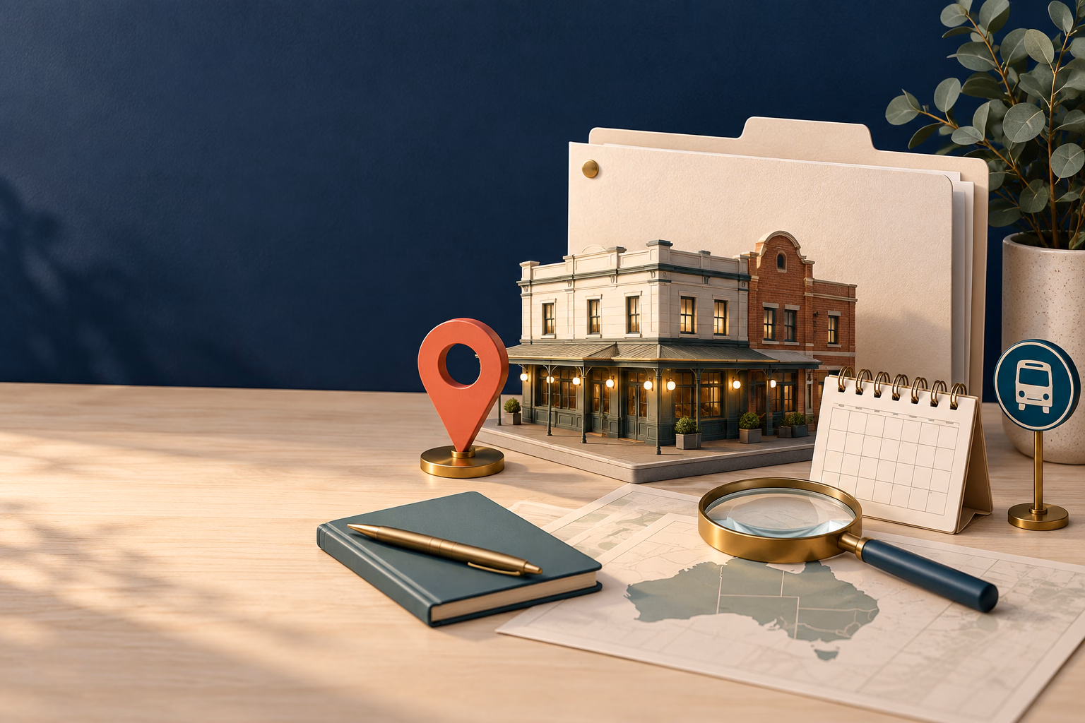 Three-dimensional evidence desk with a miniature venue, map, magnifying glass and transit marker